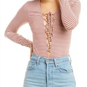 NWT Lovers + Friends deep sea lace up striped body suit